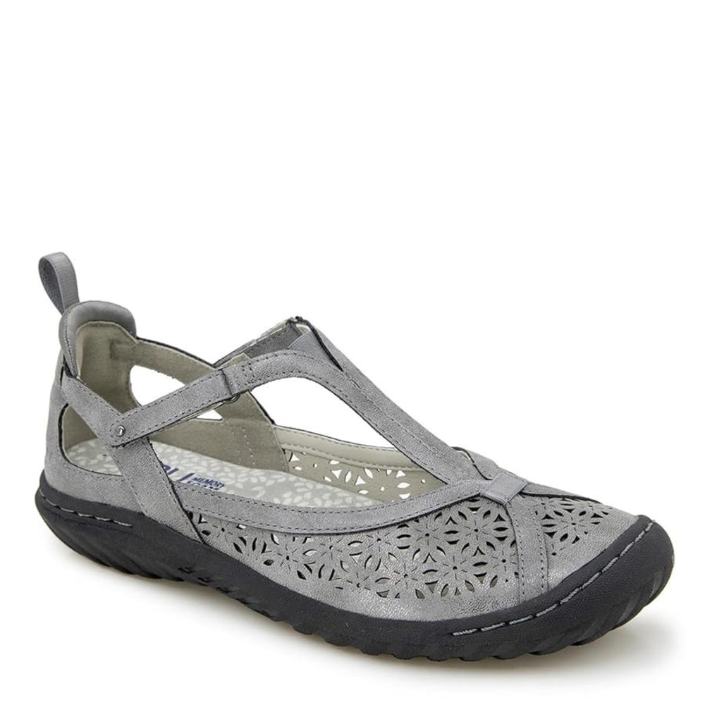 Jambu Women's 8M Daffodil Mary Jane Flat Gray Floral Cut-Out T-Strap Shoes